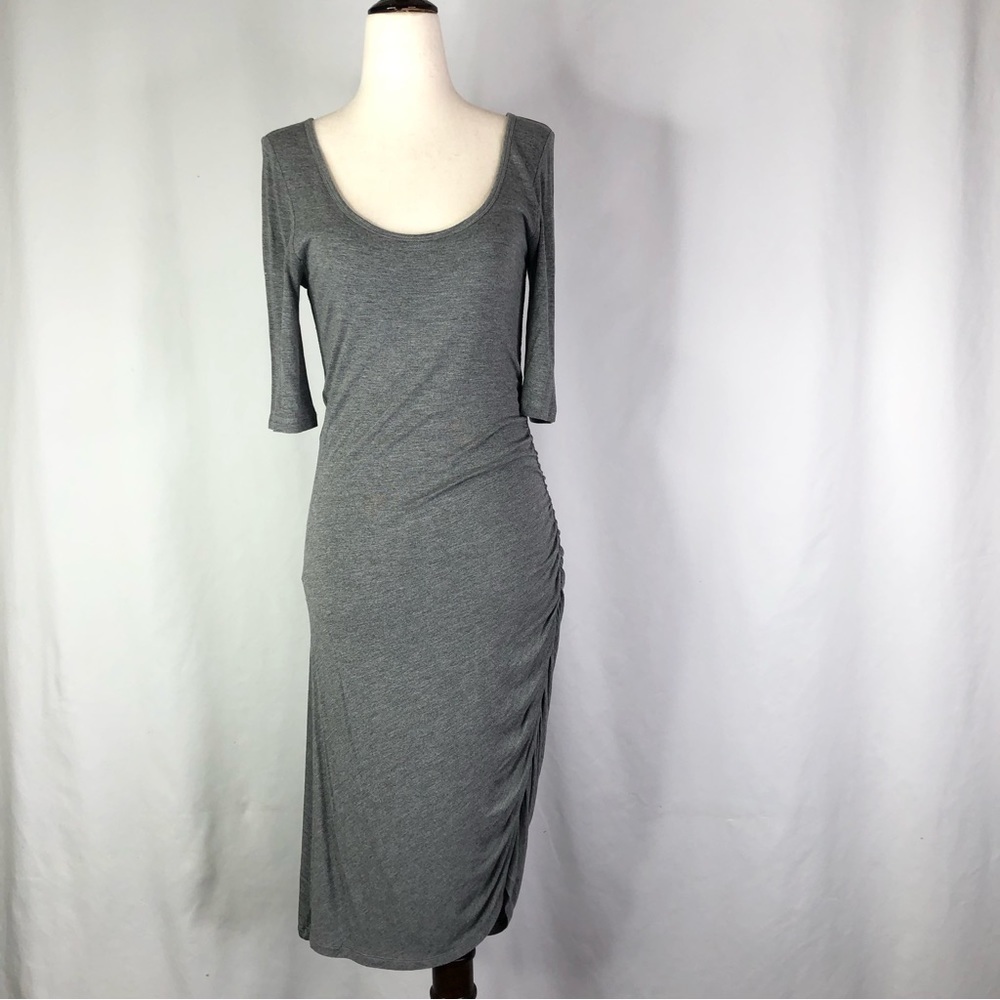 Banana Republic bodycon dress grey ruched side elbow sleeves deep scoop neck S